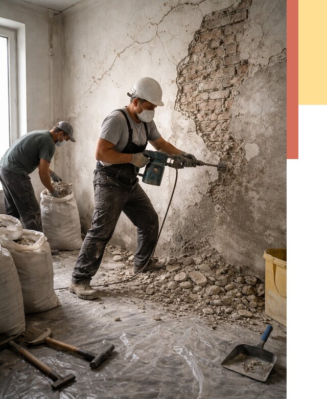 Демонтаж штукатурки со стен в Кольчугино от 7323 руб/м² — быстро и недорого | ОТДЕЛОЧНИК-Кль