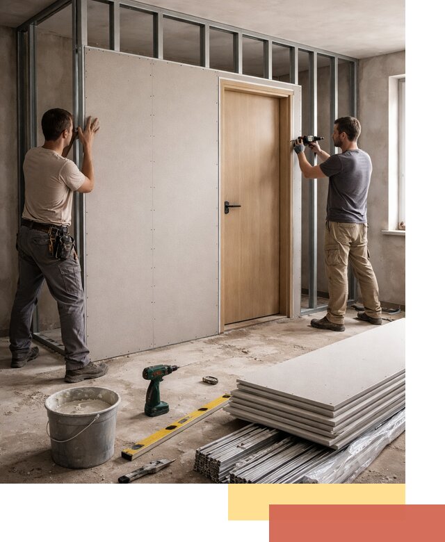 Перегородка из гипсокартона с дверью под ключ в Кольчугино