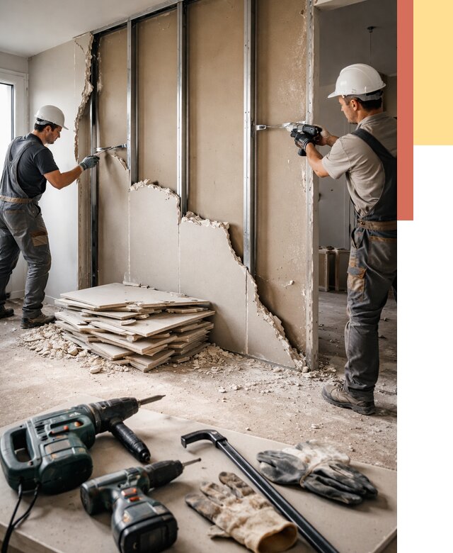 Демонтаж перегородки из гипсокартона в Кольчугино от 1221 руб. быстро и недорого | ОТДЕЛОЧНИК-Кль