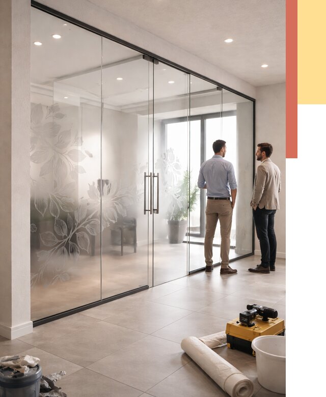 Стеклянные перегородки с рисунком в Кольчугино от 12714 руб. монтаж и нанесение | ОТДЕЛОЧНИК-Кль