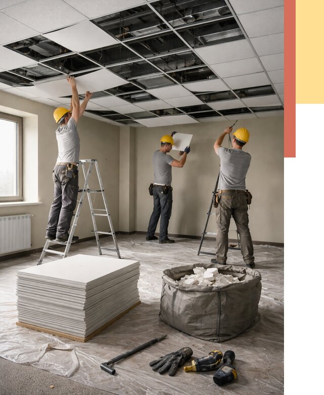 Демонтаж потолка Армстронг в Кольчугино от 4577 руб. быстро и недорого | ОТДЕЛОЧНИК-Кль