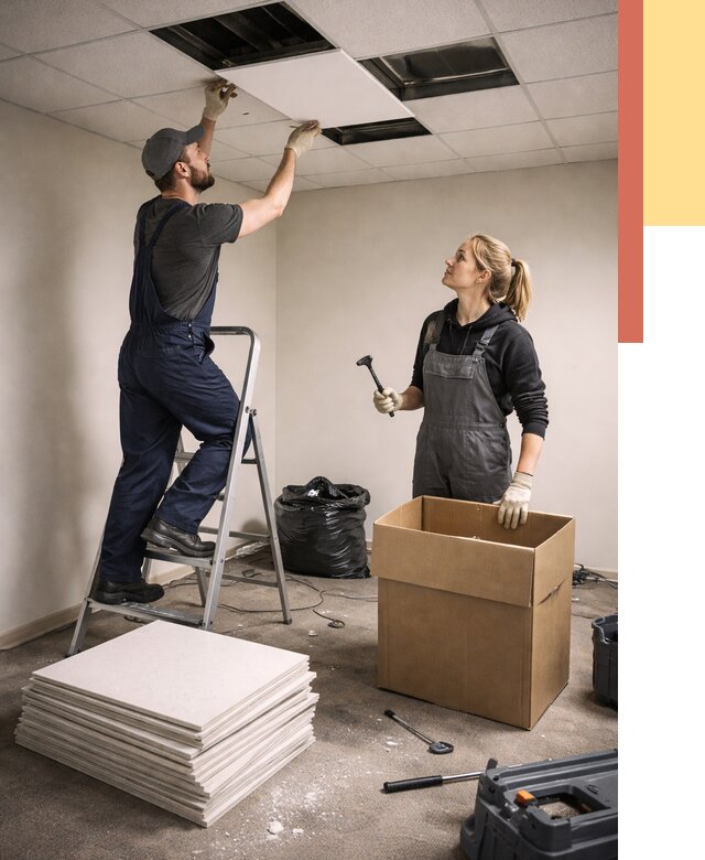 Демонтаж потолочной плитки в Кольчугино от 4577 руб. быстро и недорого | ОТДЕЛОЧНИК-Кль