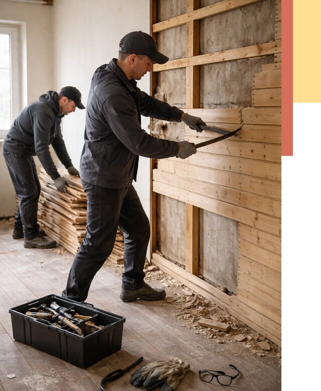 Демонтаж вагонки в Кольчугино от 3865 руб/м2 — быстро и недорого | ОТДЕЛОЧНИК-Кль