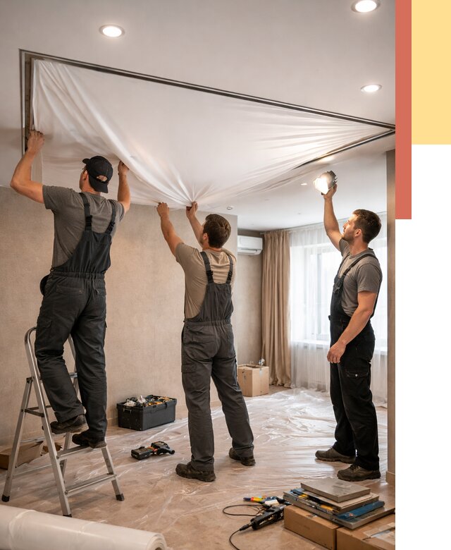 Монтаж ПВХ натяжного потолка в Кольчугино от 3560 руб. под ключ | ОТДЕЛОЧНИК-Кль