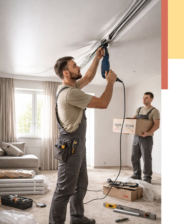 Монтаж сатинового натяжного потолка в Кольчугино от 3560 руб. | Быстро, недорого — ОТДЕЛОЧНИК-Кль