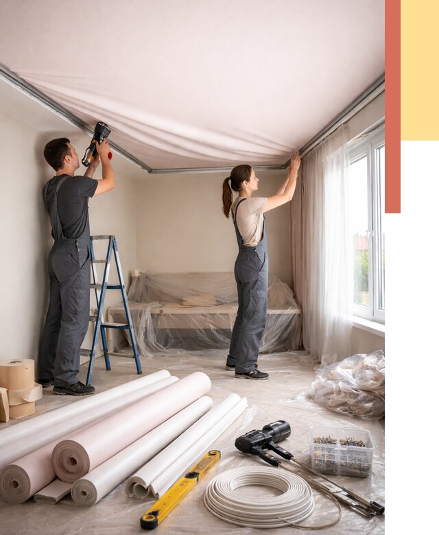 Монтаж цветного натяжного потолка в Кольчугино от 4272 руб/м² — быстро и недорого | ОТДЕЛОЧНИК-Кль