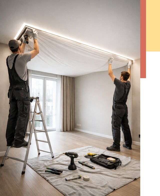 Монтаж парящего натяжного потолка в Кольчугино от 4577 руб. быстро и недорого | ОТДЕЛОЧНИК-Кль