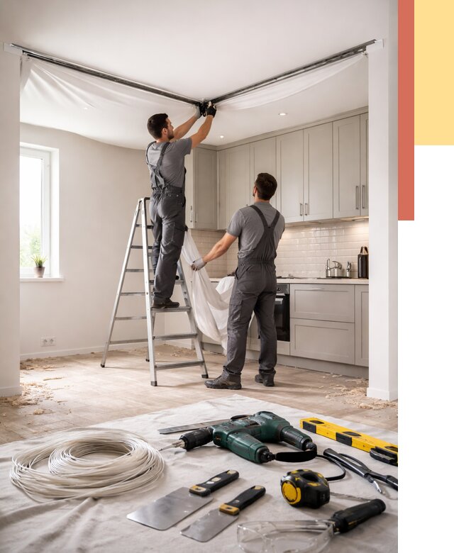 Установка натяжного потолка на кухне в Кольчугино от 2441 руб. | ОТДЕЛОЧНИК-Кль