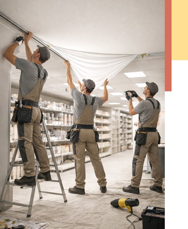 Монтаж натяжного потолка в магазине в Кольчугино от 4577 руб. быстро и недорого | ОТДЕЛОЧНИК-Кль