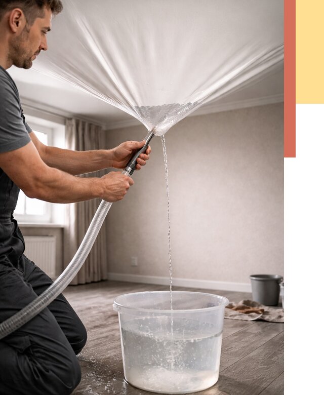 Слив воды с натяжного потолка в Кольчугино от 2543 руб. быстро и недорого | ОТДЕЛОЧНИК-Кль